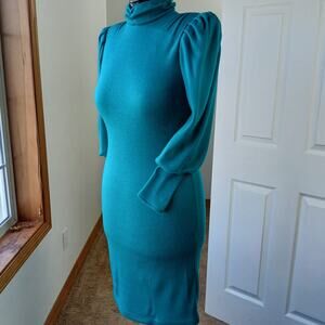 Benson & Smith Vintage 80s Green Maxi Sweater Dress sz 7 shoulder pads mock neck